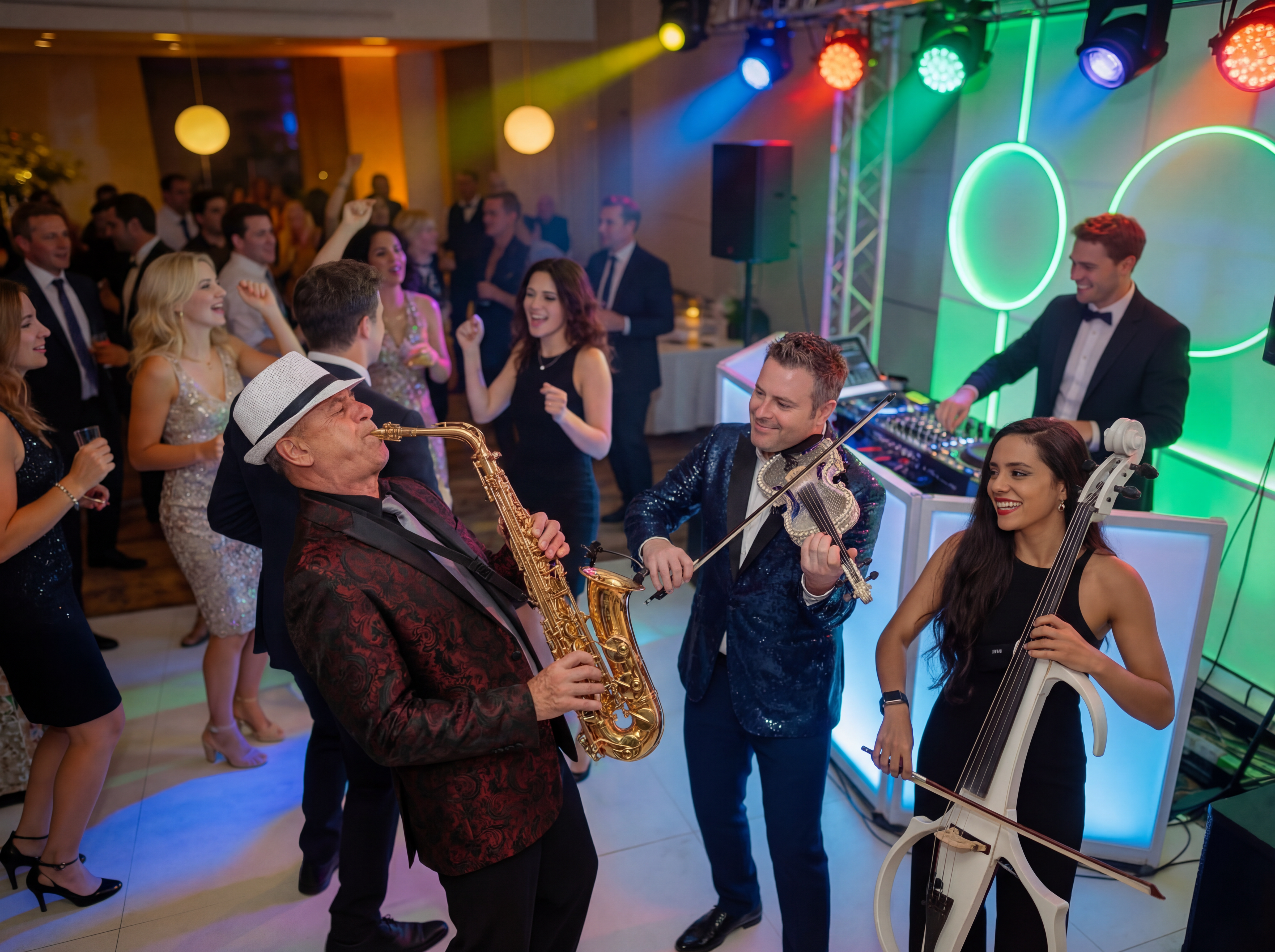 High-energy wedding dance party with full live band